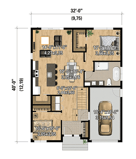 Contemporary, European, Modern House Plan 52867 with 2 Beds, 1 Baths, 1 Car Garage First Level Plan