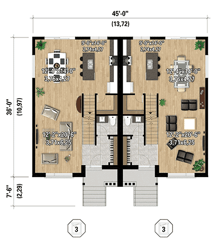 Contemporary, Modern Multi-Family Plan 52872 with 6 Beds, 8 Baths, 2 Car Garage First Level Plan