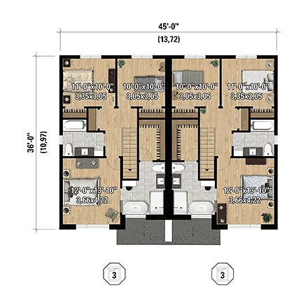 Contemporary, Modern Multi-Family Plan 52872 with 6 Beds, 8 Baths, 2 Car Garage Second Level Plan