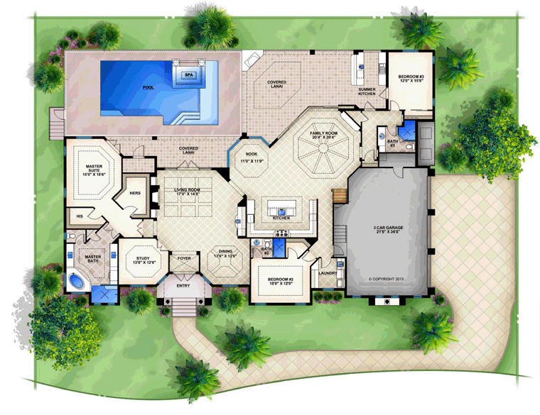 Mediterranean House Plan 52900 with 5 Beds, 5 Baths, 3 Car Garage Level One