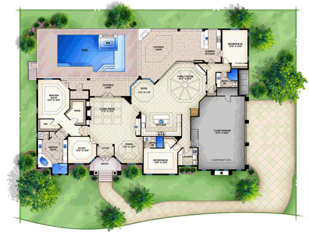 Mediterranean House Plan 52900 with 5 Beds, 5 Baths, 3 Car Garage First Level Plan