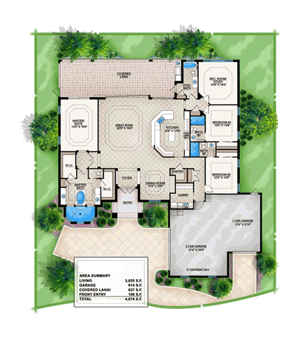 Mediterranean House Plan 52901 with 3 Beds, 4 Baths, 3 Car Garage First Level Plan