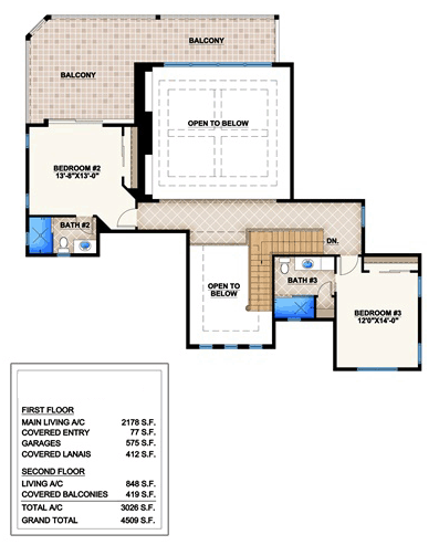 Mediterranean House Plan 52902 with 3 Beds, 4 Baths, 2 Car Garage Level Two