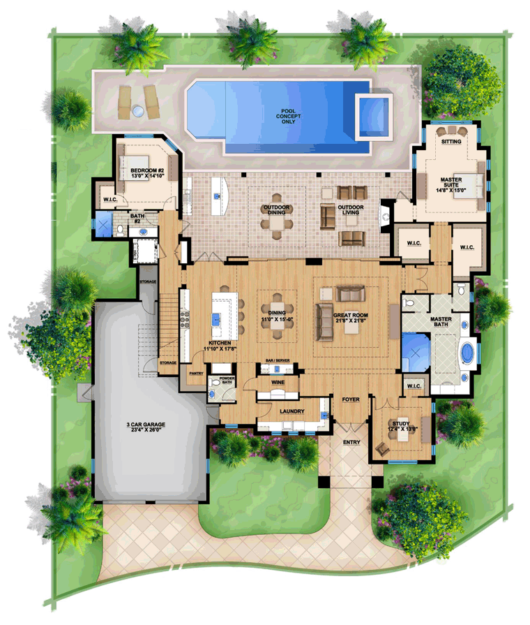 Coastal House Plan 52904 with 4 Beds, 5 Baths, 3 Car Garage Level One