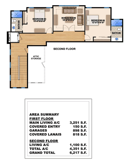 Coastal House Plan 52904 with 4 Beds, 5 Baths, 3 Car Garage Second Level Plan