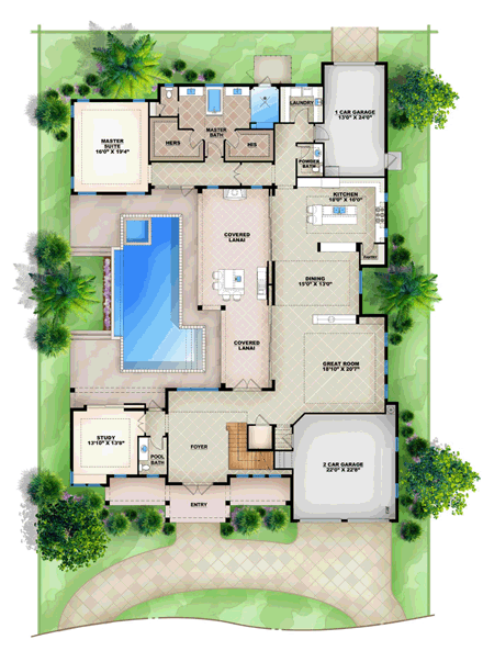 Contemporary House Plan 52905 with 4 Beds, 6 Baths, 3 Car Garage First Level Plan