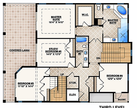 Florida House Plan 52906 with 5 Beds, 4 Baths, 2 Car Garage Second Level Plan
