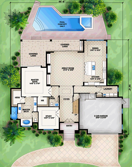 Mediterranean House Plan 52907 with 3 Beds, 4 Baths, 2 Car Garage First Level Plan