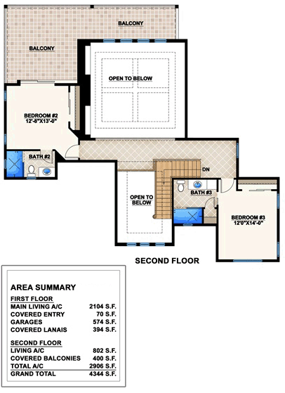 Mediterranean House Plan 52907 with 3 Beds, 4 Baths, 2 Car Garage Second Level Plan
