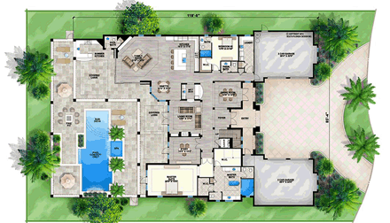 Coastal, Contemporary House Plan 52910 with 5 Beds, 7 Baths, 4 Car Garage First Level Plan
