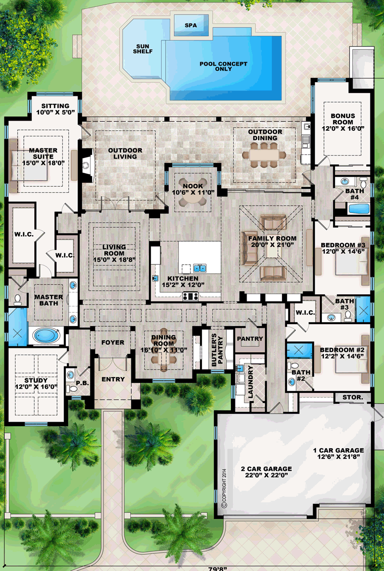 Mediterranean House Plan 52913 with 4 Beds, 5 Baths, 3 Car Garage Level One