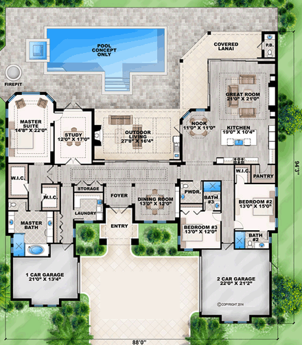 Florida, Mediterranean House Plan 52914 with 3 Beds, 5 Baths, 3 Car Garage First Level Plan