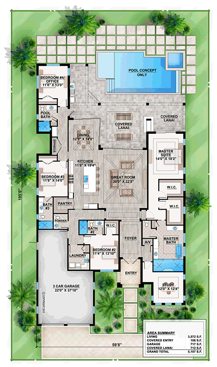 Coastal, Mediterranean House Plan 52916 with 4 Beds, 5 Baths First Level Plan