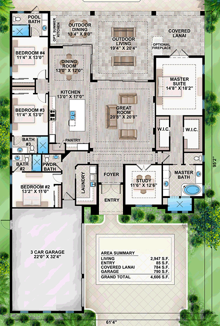 Coastal, Florida, Mediterranean House Plan 52919 with 4 Beds, 5 Baths, 3 Car Garage First Level Plan