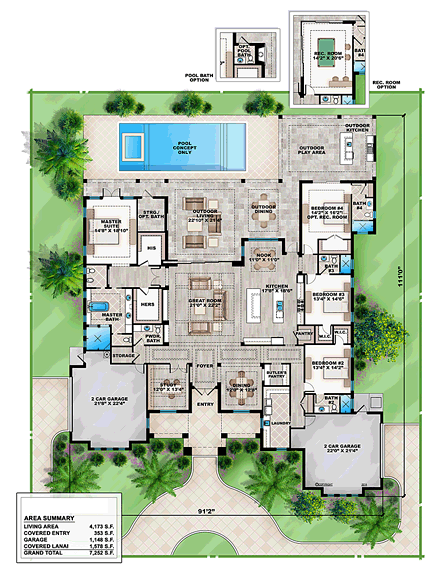 Coastal, Florida, Mediterranean House Plan 52920 with 4 Beds, 5 Baths First Level Plan