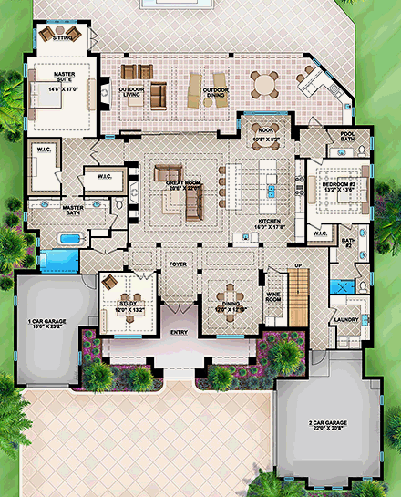 Coastal, Florida, Mediterranean House Plan 52922 with 4 Beds, 5 Baths, 3 Car Garage First Level Plan