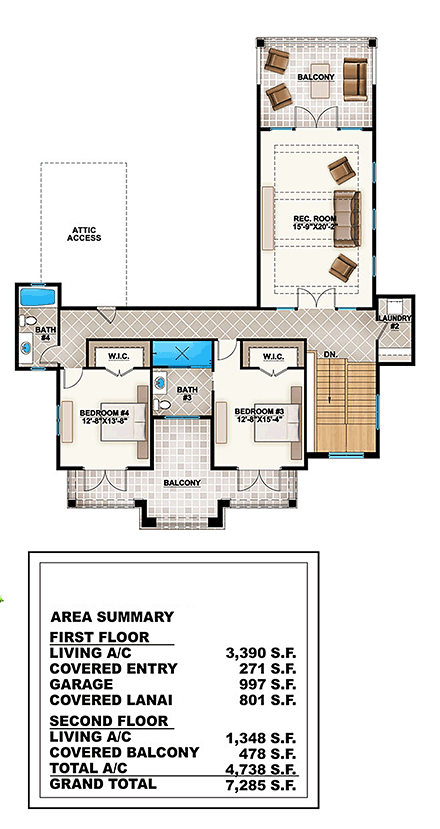 Coastal, Florida, Mediterranean House Plan 52922 with 4 Beds, 5 Baths, 3 Car Garage Second Level Plan