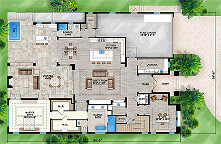 Coastal, Florida House Plan 52924 with 4 Beds, 5 Baths, 3 Car Garage First Level Plan