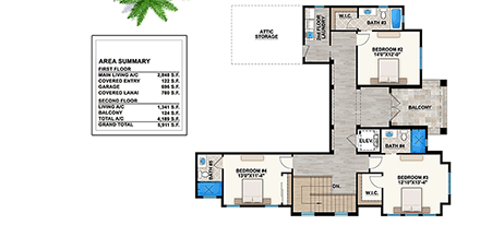 Coastal, Florida House Plan 52924 with 4 Beds, 5 Baths, 3 Car Garage Second Level Plan