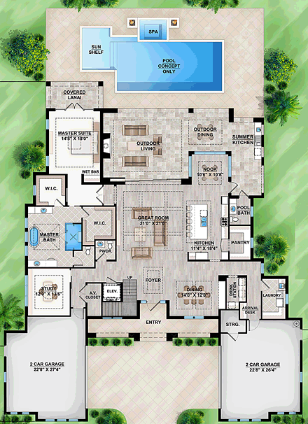 Coastal, Contemporary, Florida, Mediterranean House Plan 52925 with 4 Beds, 6 Baths, 4 Car Garage First Level Plan