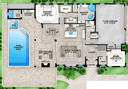 Coastal, Florida, Mediterranean House Plan 52926 with 4 Beds, 5 Baths, 3 Car Garage First Level Plan