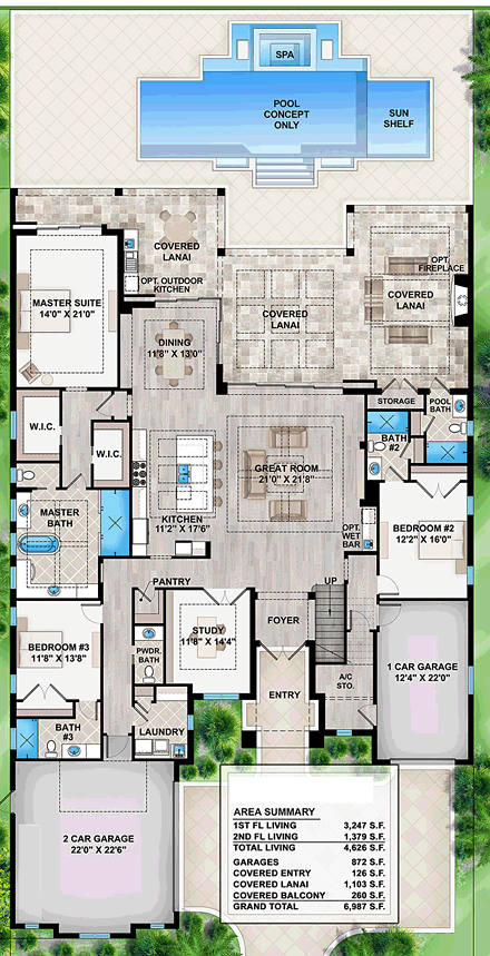 Coastal, Florida, Mediterranean House Plan 52927 with 5 Beds, 8 Baths, 3 Car Garage First Level Plan