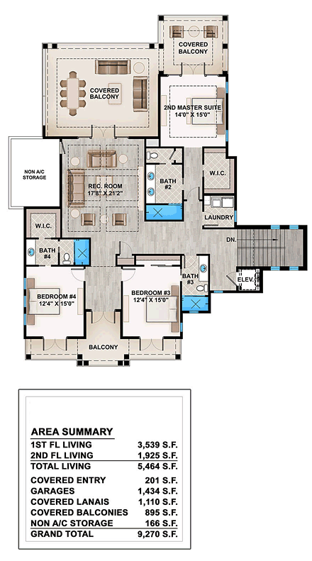 Coastal, Florida, Mediterranean House Plan 52928 with 4 Beds, 6 Baths, 4 Car Garage Second Level Plan