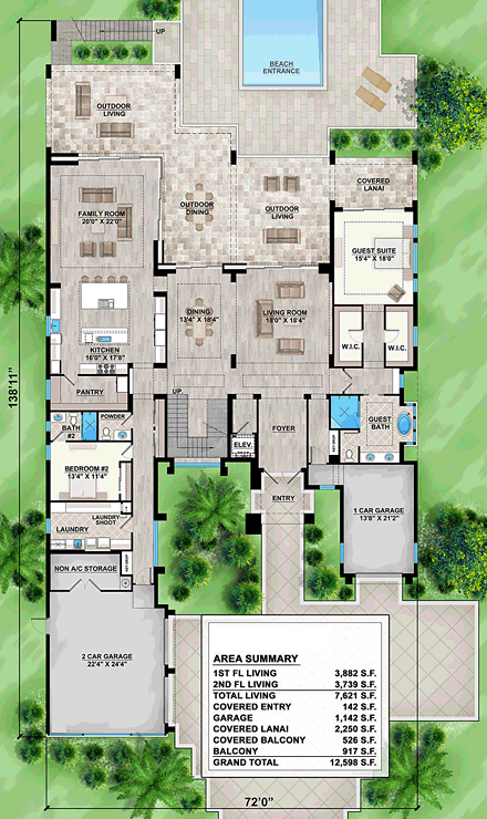 Florida, Mediterranean, Modern House Plan 52929 with 5 Beds, 7 Baths, 3 Car Garage First Level Plan