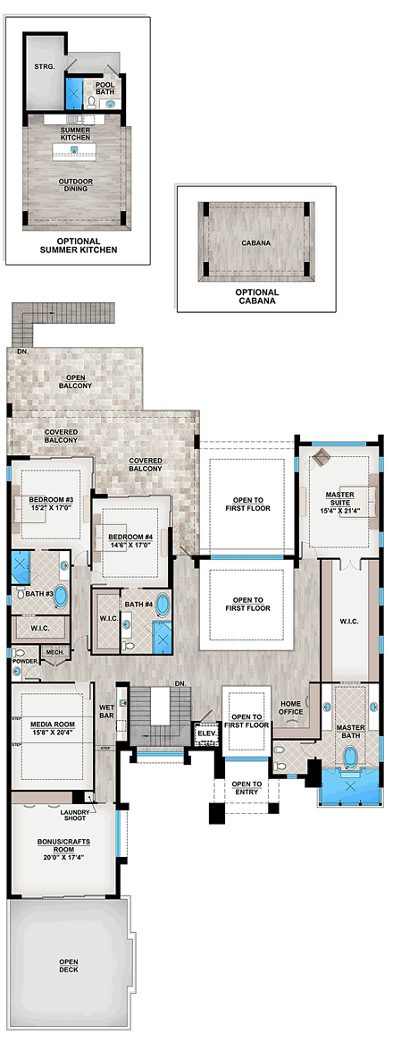 Florida, Mediterranean, Modern House Plan 52929 with 5 Beds, 7 Baths, 3 Car Garage Second Level Plan