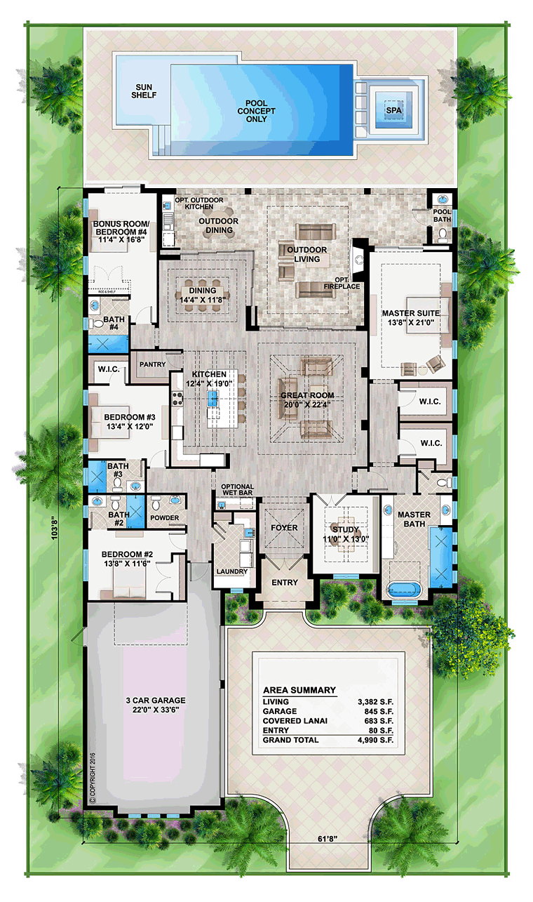 Coastal, Florida, Mediterranean House Plan 52930 with 4 Beds, 6 Baths, 3 Car Garage Level One