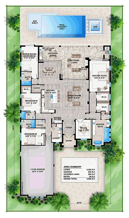 Coastal, Florida, Mediterranean House Plan 52930 with 4 Beds, 6 Baths, 3 Car Garage First Level Plan