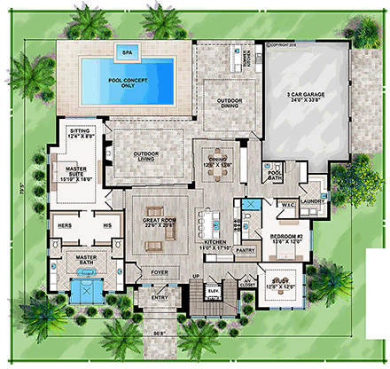 Coastal, Contemporary, Florida, Mediterranean House Plan 52931 with 4 Beds, 5 Baths, 3 Car Garage First Level Plan