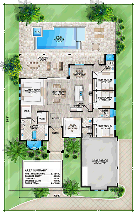 Coastal, Florida, Mediterranean House Plan 52933 with 4 Beds, 3 Baths, 3 Car Garage First Level Plan