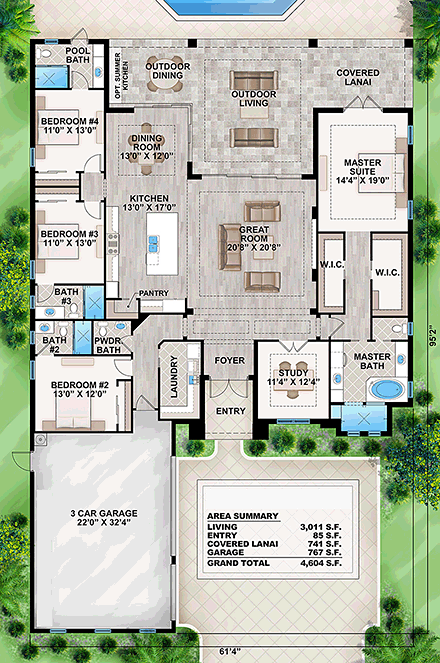 Coastal, Florida, Mediterranean House Plan 52936 with 4 Beds, 5 Baths, 3 Car Garage First Level Plan