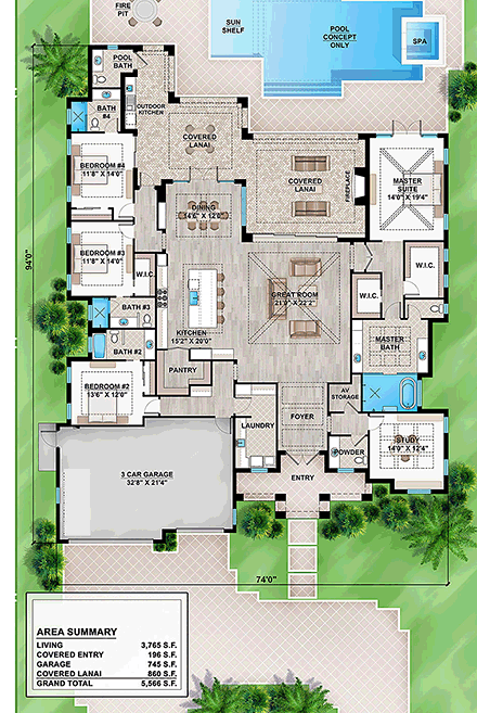 Coastal, Florida House Plan 52937 with 4 Beds, 6 Baths, 3 Car Garage First Level Plan