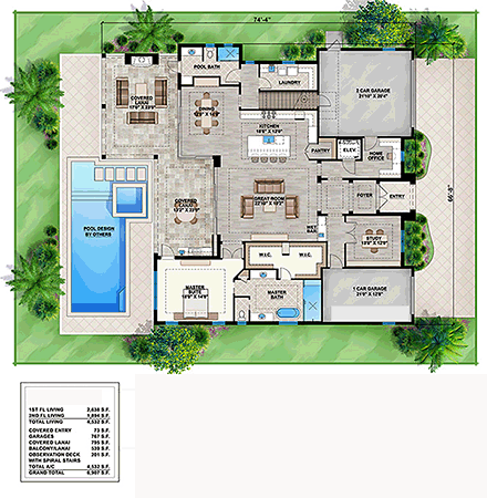 Coastal, Contemporary, Florida House Plan 52941 with 4 Beds, 5 Baths, 3 Car Garage First Level Plan