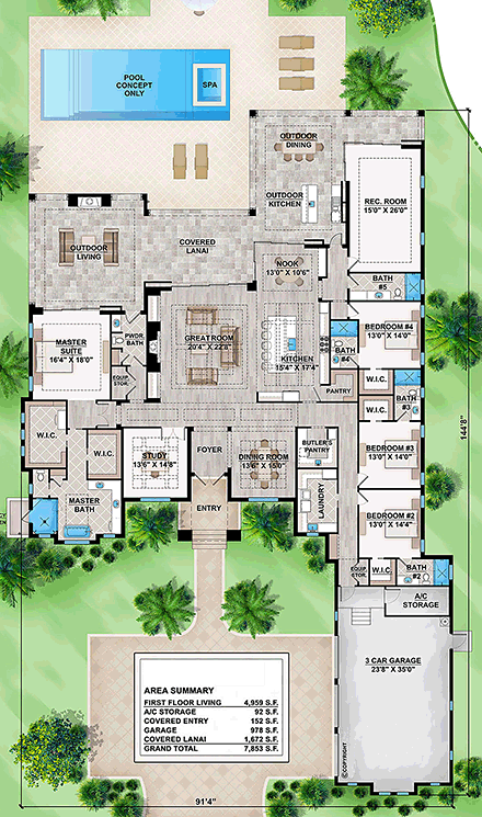 House Plan 52944 - Mediterranean Style with 4959 Sq Ft, 4 Bed, 5