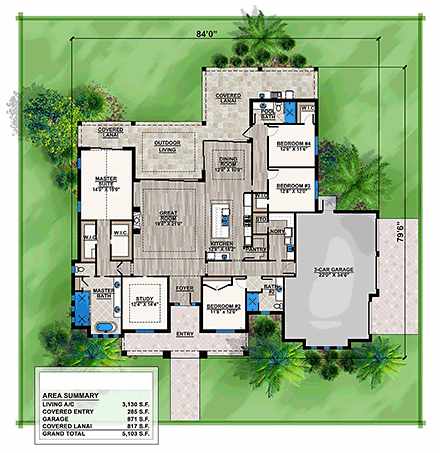 Coastal, Florida House Plan 52946 with 4 Beds, 3 Baths, 3 Car Garage First Level Plan