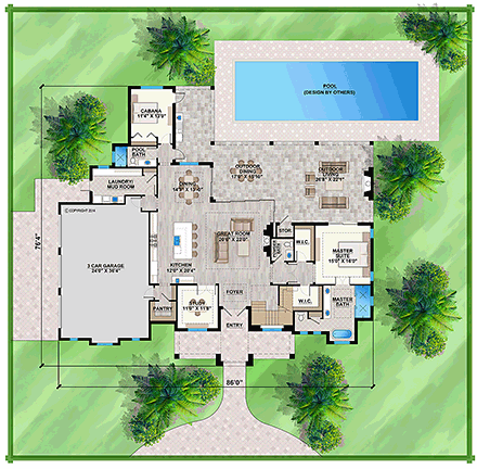 Florida, Mediterranean House Plan 52947 with 3 Beds, 5 Baths, 3 Car Garage First Level Plan