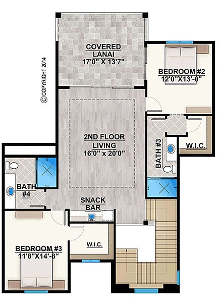 Florida, Mediterranean House Plan 52947 with 3 Beds, 5 Baths, 3 Car Garage Second Level Plan