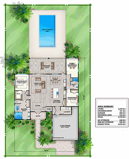 Coastal, Florida House Plan 52948 with 3 Beds, 2 Baths, 2 Car Garage First Level Plan