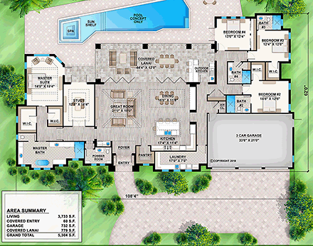 Coastal, Contemporary, Florida, Mediterranean House Plan 52949 with 4 Beds, 5 Baths, 3 Car Garage First Level Plan