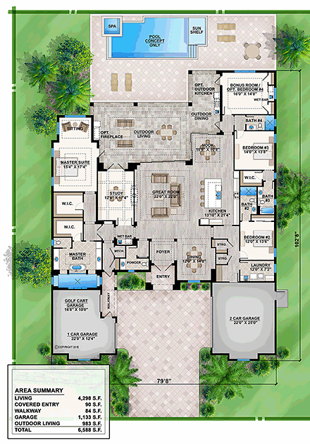 Coastal, Florida, Mediterranean House Plan 52950 with 4 Beds, 5 Baths, 3 Car Garage First Level Plan