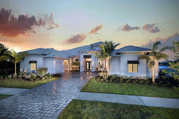Coastal, Florida, Mediterranean House Plan 52950 with 4 Beds, 5 Baths, 3 Car Garage Elevation
