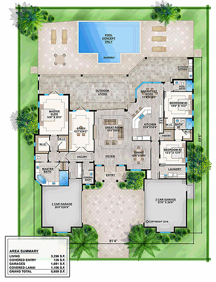 Coastal, Florida, Mediterranean House Plan 52952 with 3 Beds, 4 Baths, 4 Car Garage First Level Plan
