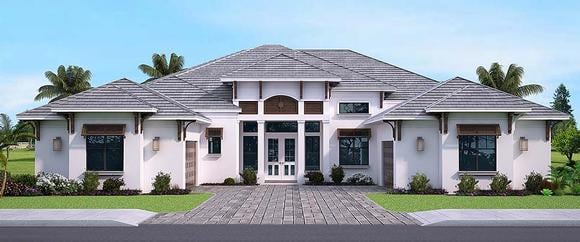 Coastal, Florida, Mediterranean House Plan 52952 with 3 Beds, 4 Baths, 4 Car Garage Elevation