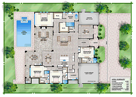 Coastal, Florida, Mediterranean House Plan 52953 with 4 Beds, 6 Baths, 3 Car Garage First Level Plan