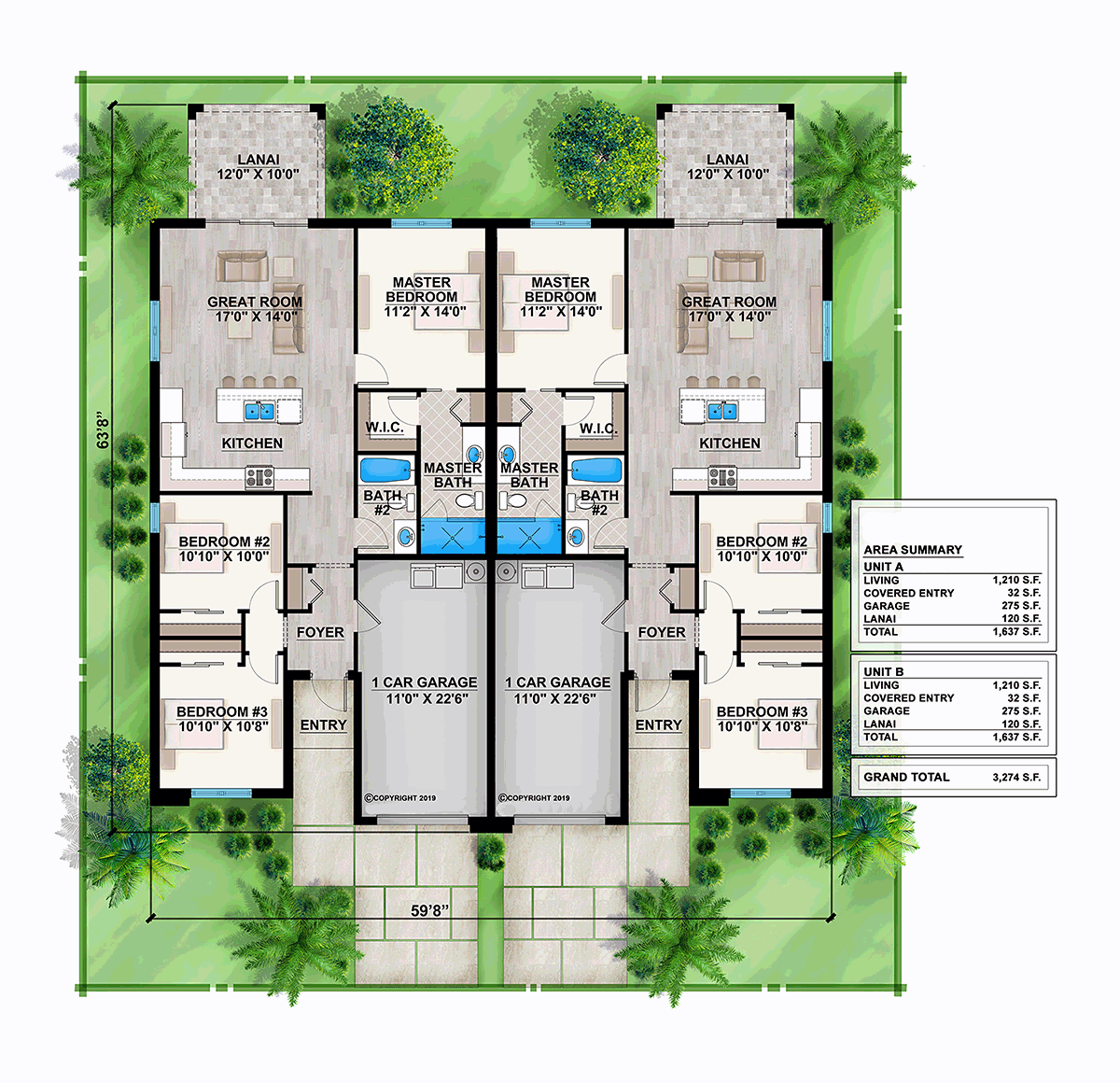 Contemporary Multi-Family Plan 52954 with 6 Beds, 4 Baths, 2 Car Garage Level One