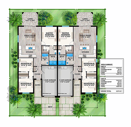 Contemporary Multi-Family Plan 52954 with 6 Beds, 4 Baths, 2 Car Garage First Level Plan