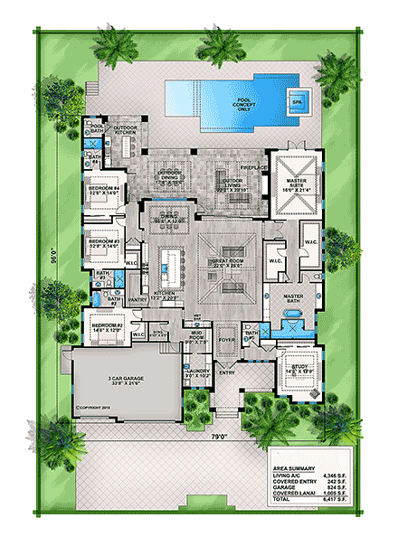 Coastal, Contemporary, Florida House Plan 52961 with 5 Beds, 6 Baths, 3 Car Garage First Level Plan